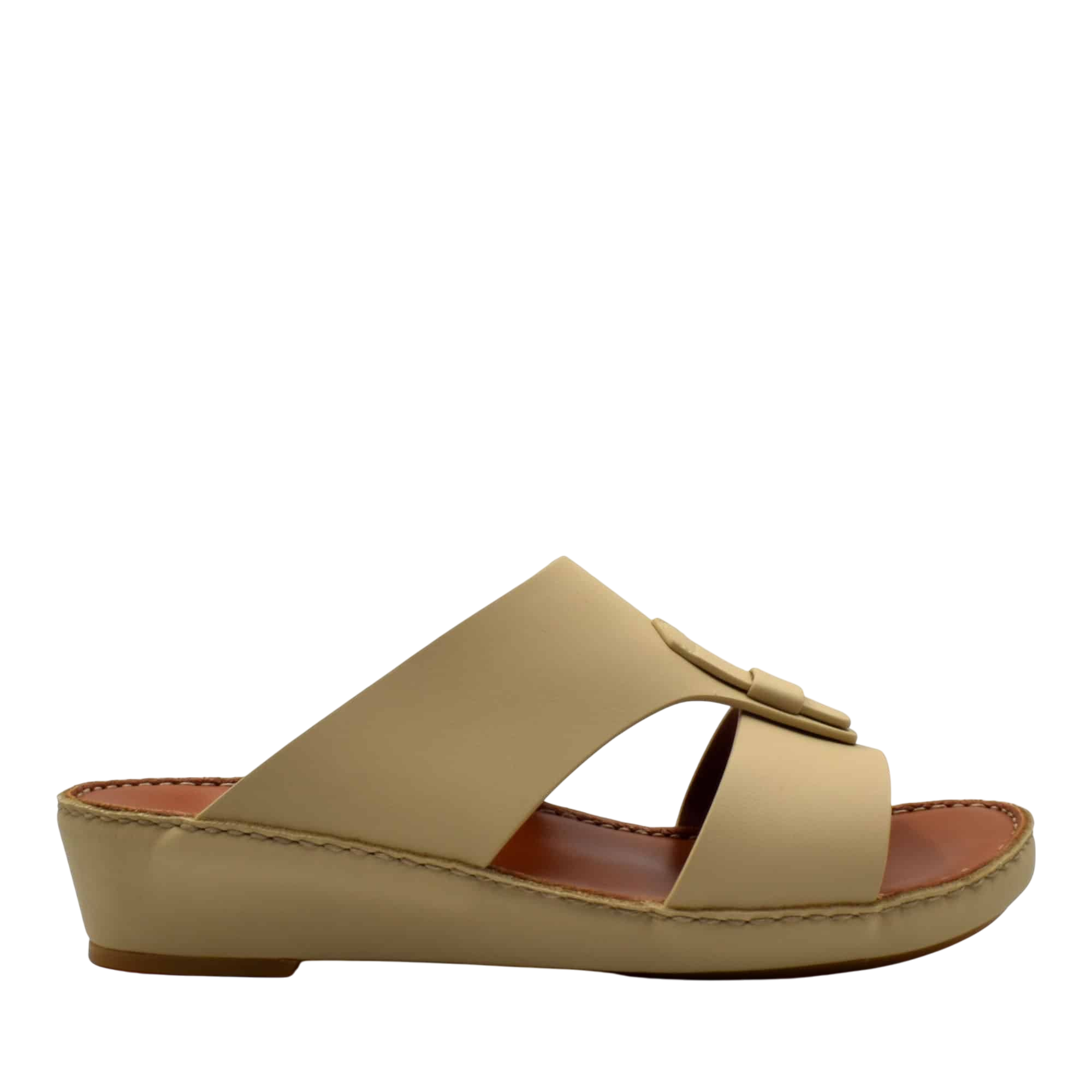 Beige comfortable rubber slides with wide straps and cushioned sole for casual wear