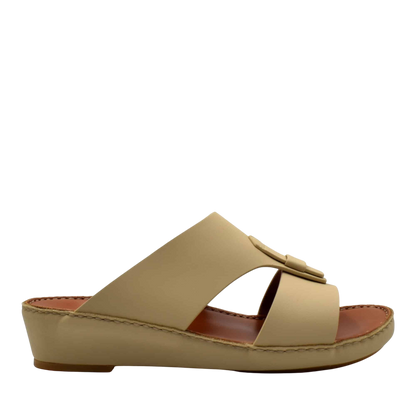 Beige comfortable rubber slides with wide straps and cushioned sole for casual wear