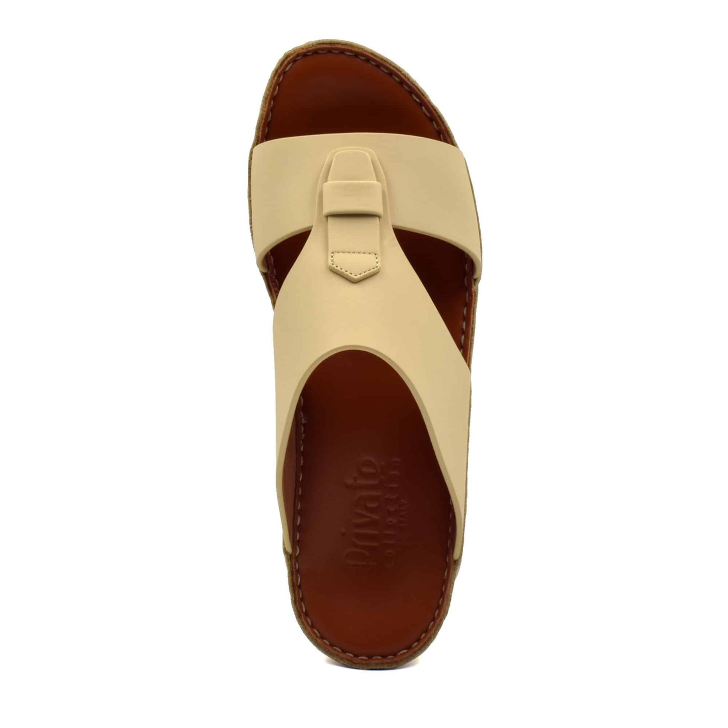 Beige comfortable rubber slides with brown cushioned footbed and stitched sole from Private Collection