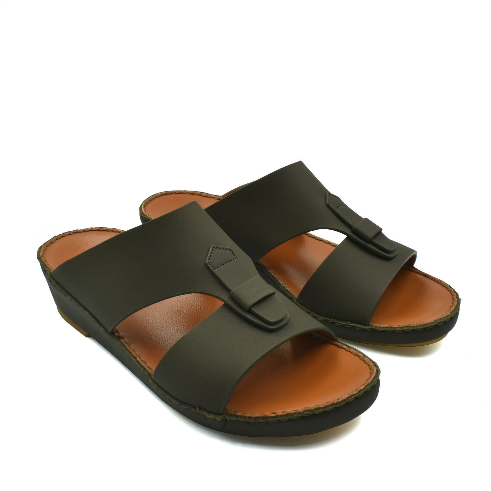 Black comfortable rubber slides with wide straps and cushioned brown footbed for casual wear