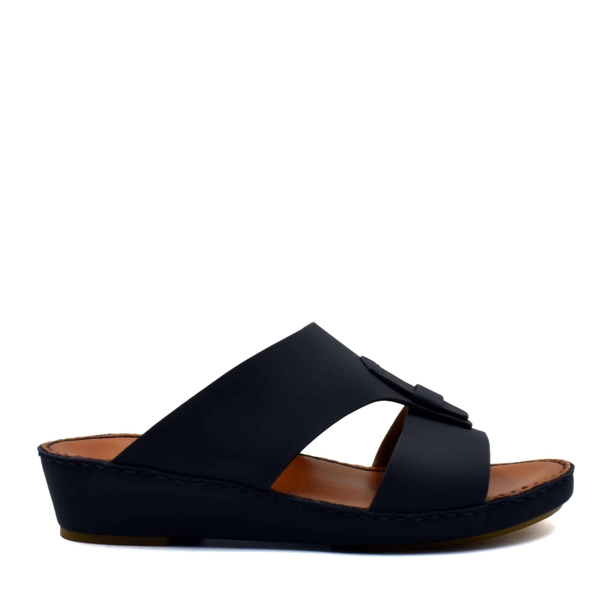 Black comfortable rubber slides with a slight wedge heel and open toe design