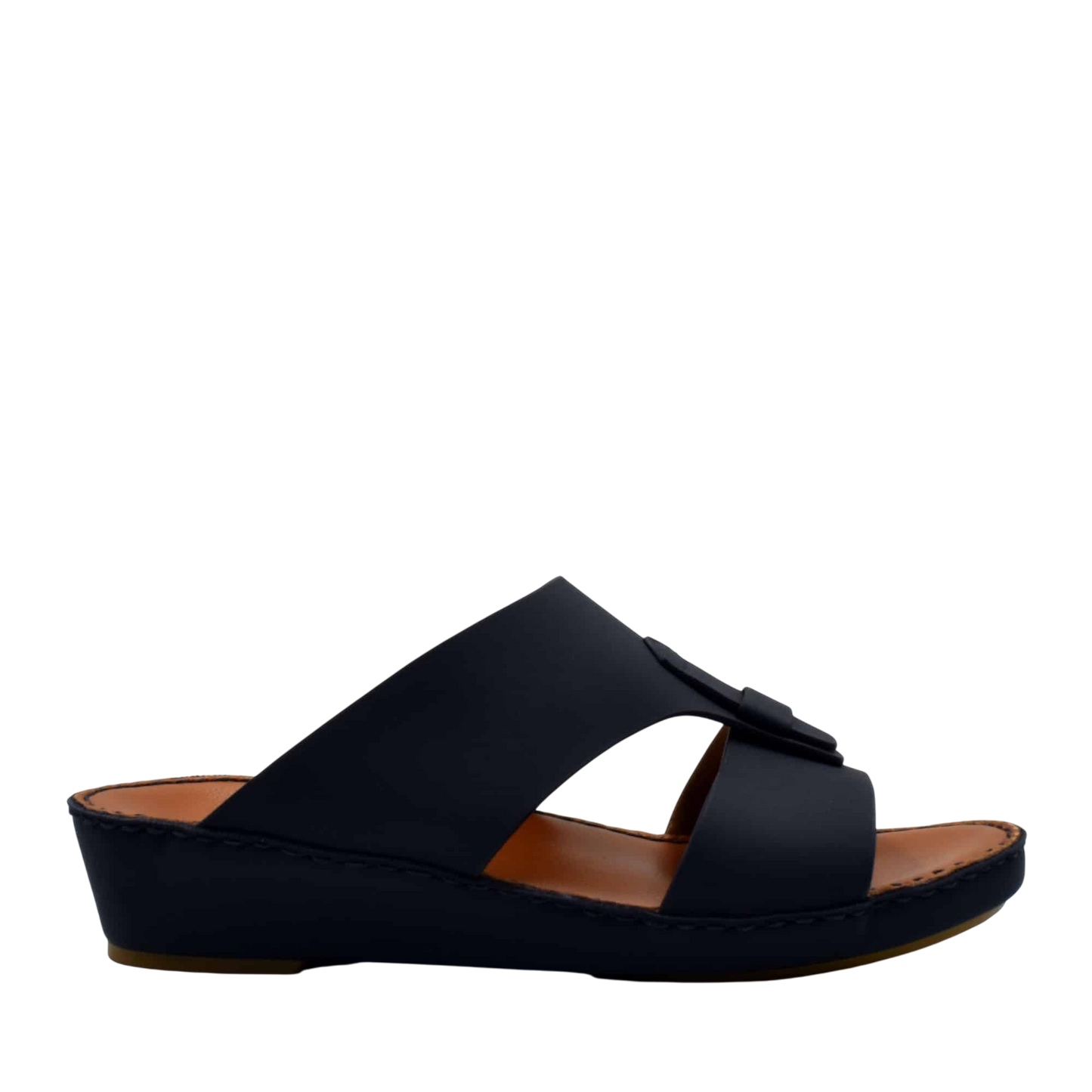 Black comfortable rubber slides with a slight wedge heel and open toe design