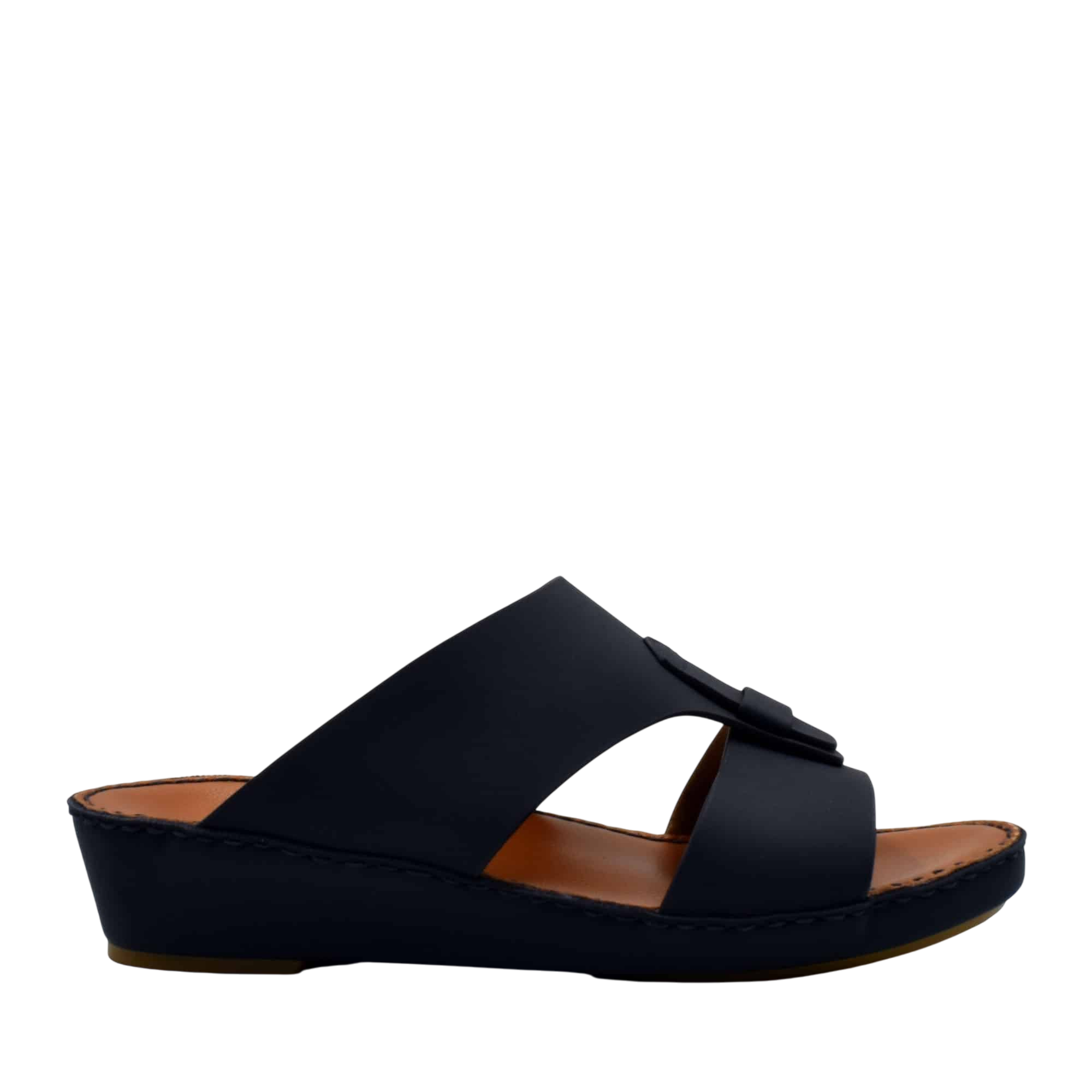 Black comfortable rubber slides with a slight wedge heel and open toe design