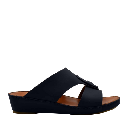 Black comfortable rubber slides with a slight wedge heel and open toe design