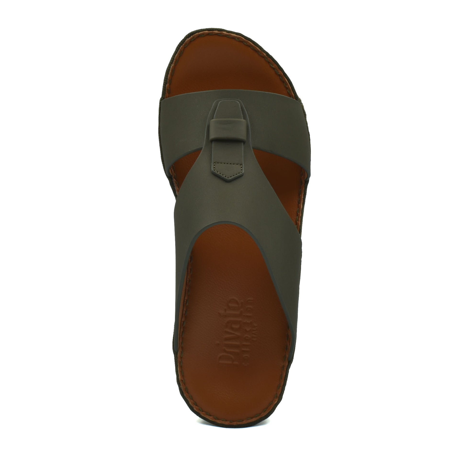 Top view of comfortable rubber slides with brown sole and dark gray strap from Private Collection