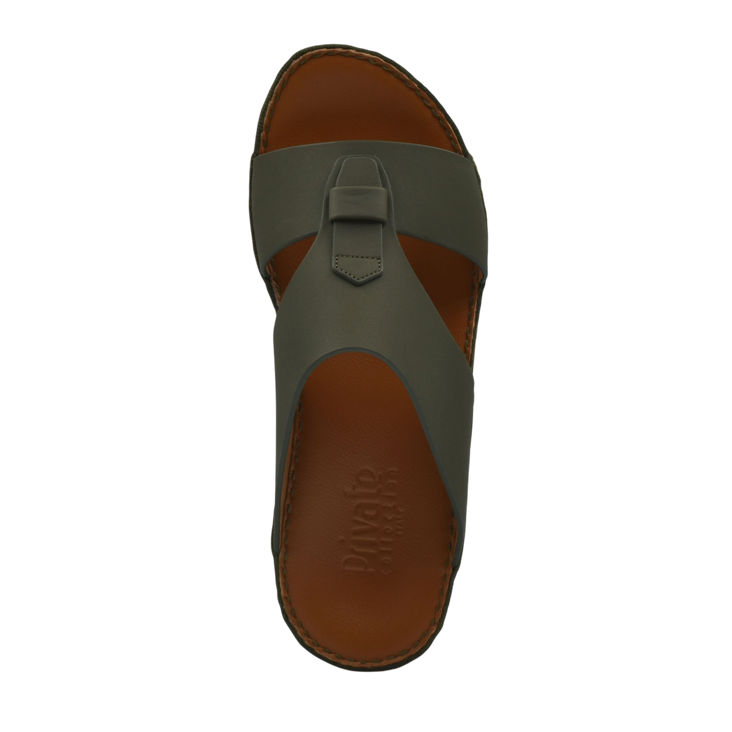 Top view of comfortable rubber slides with brown sole and dark gray strap from Private Collection