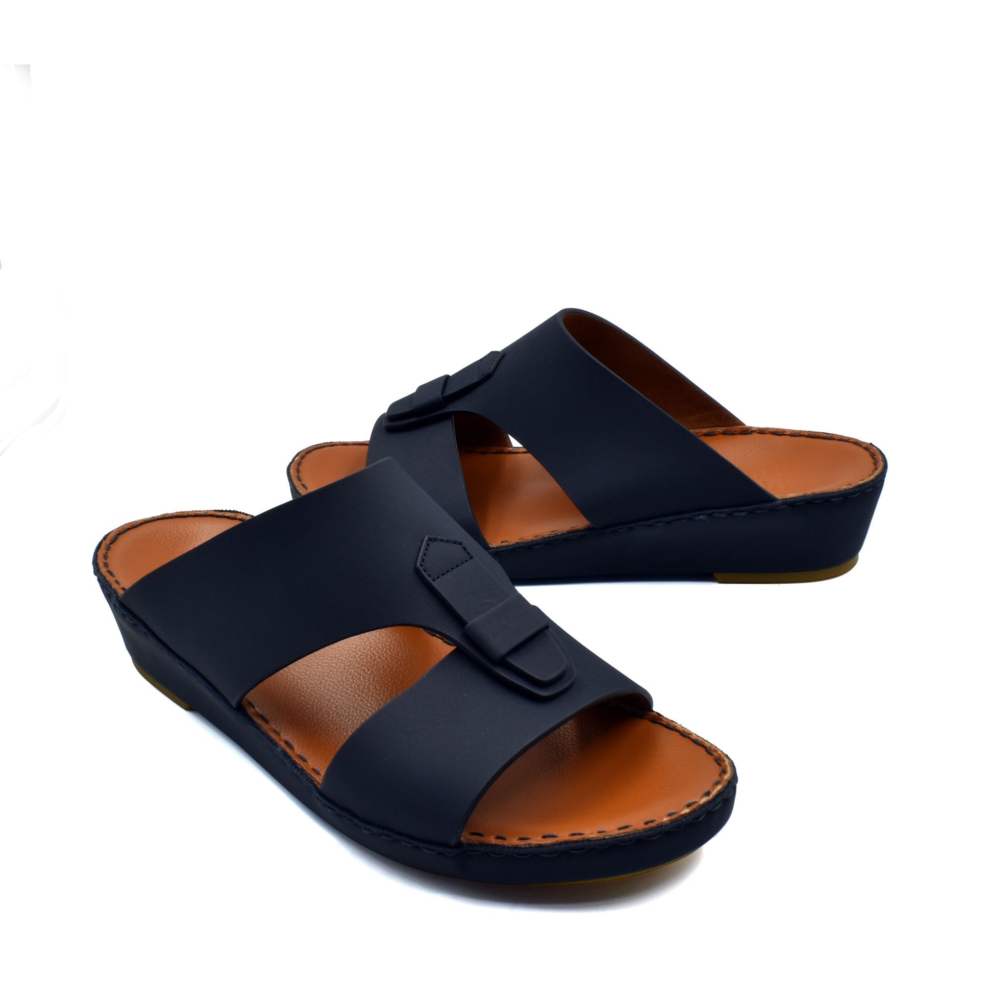 Black comfortable rubber slides with cushioned brown insole and adjustable strap design