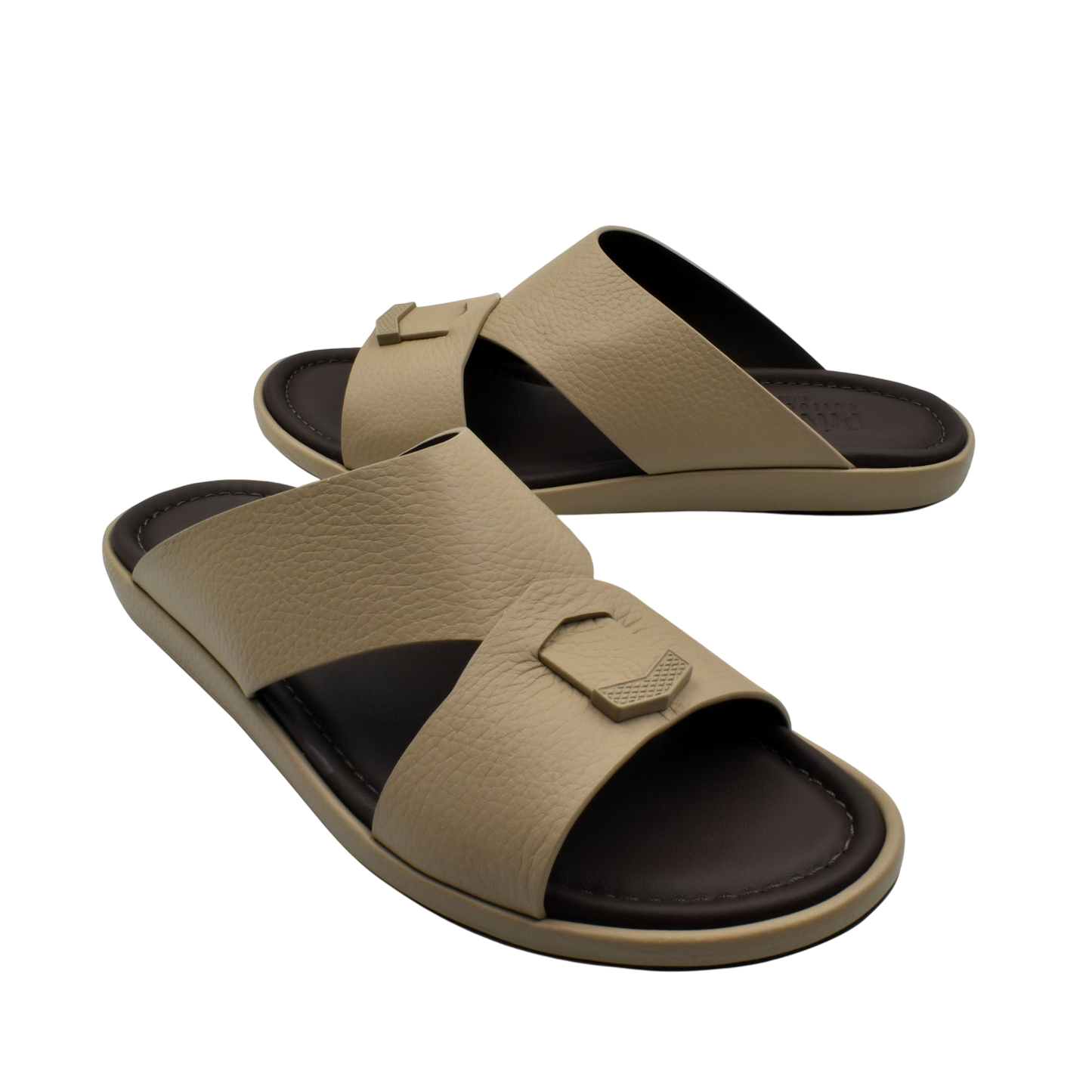 Beige and brown comfortable stylish slides with wide straps and cushioned sole for casual wear