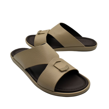 Beige and brown comfortable stylish slides with wide straps and cushioned sole for casual wear