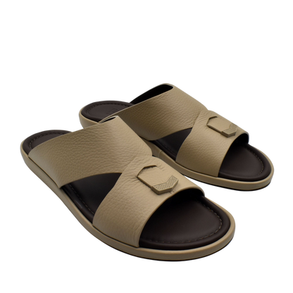 Comfortable stylish slides in beige with cushioned footbed and textured leather straps for casual wear