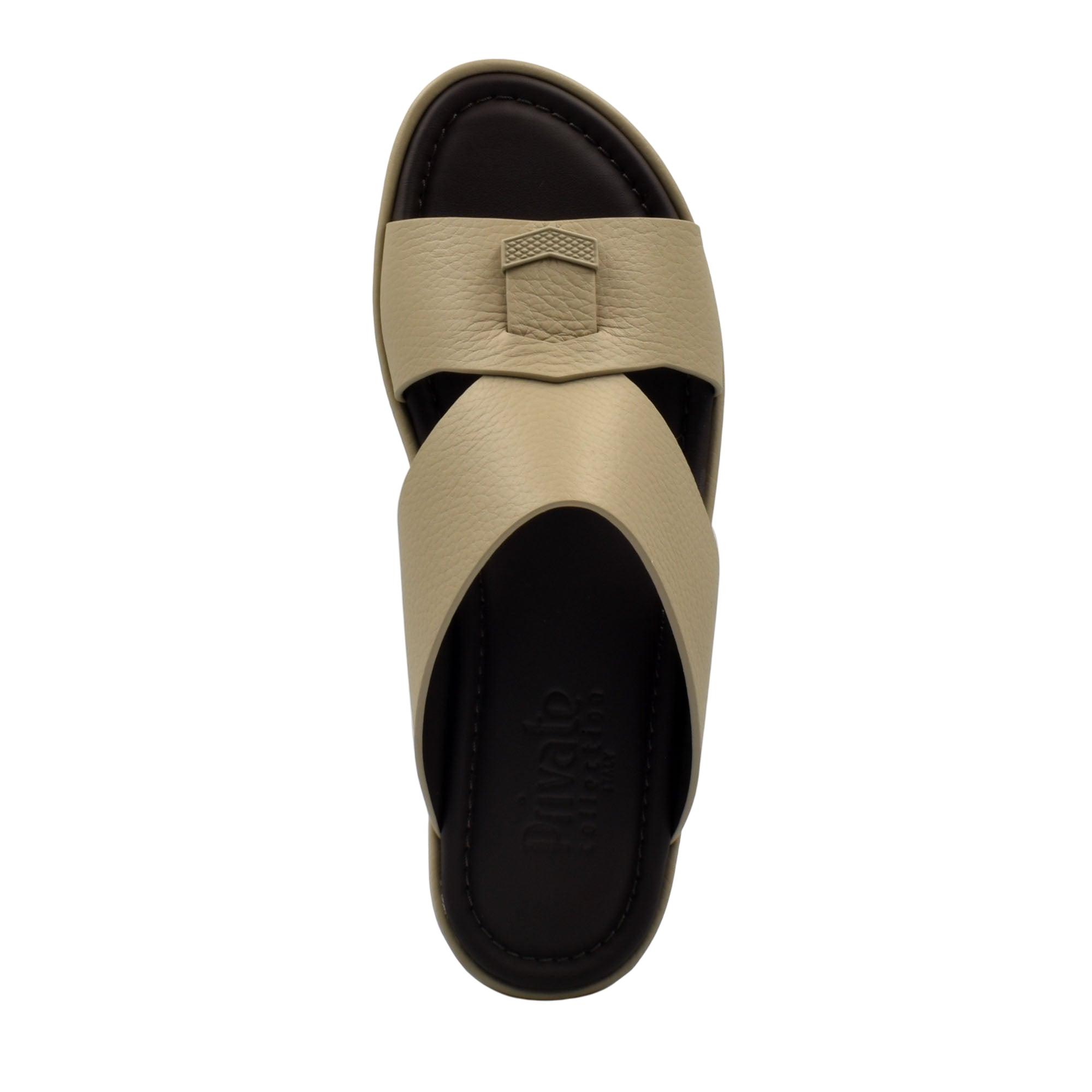 Beige leather slip-on comfortable stylish slides with cushioned black sole from Private Collection