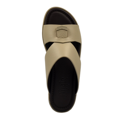 Beige leather slip-on comfortable stylish slides with cushioned black sole from Private Collection