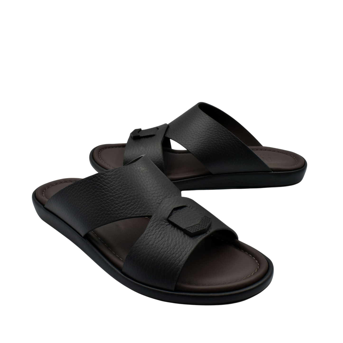 Comfortable stylish slides in black with textured leather straps and cushioned footbed from Private collection