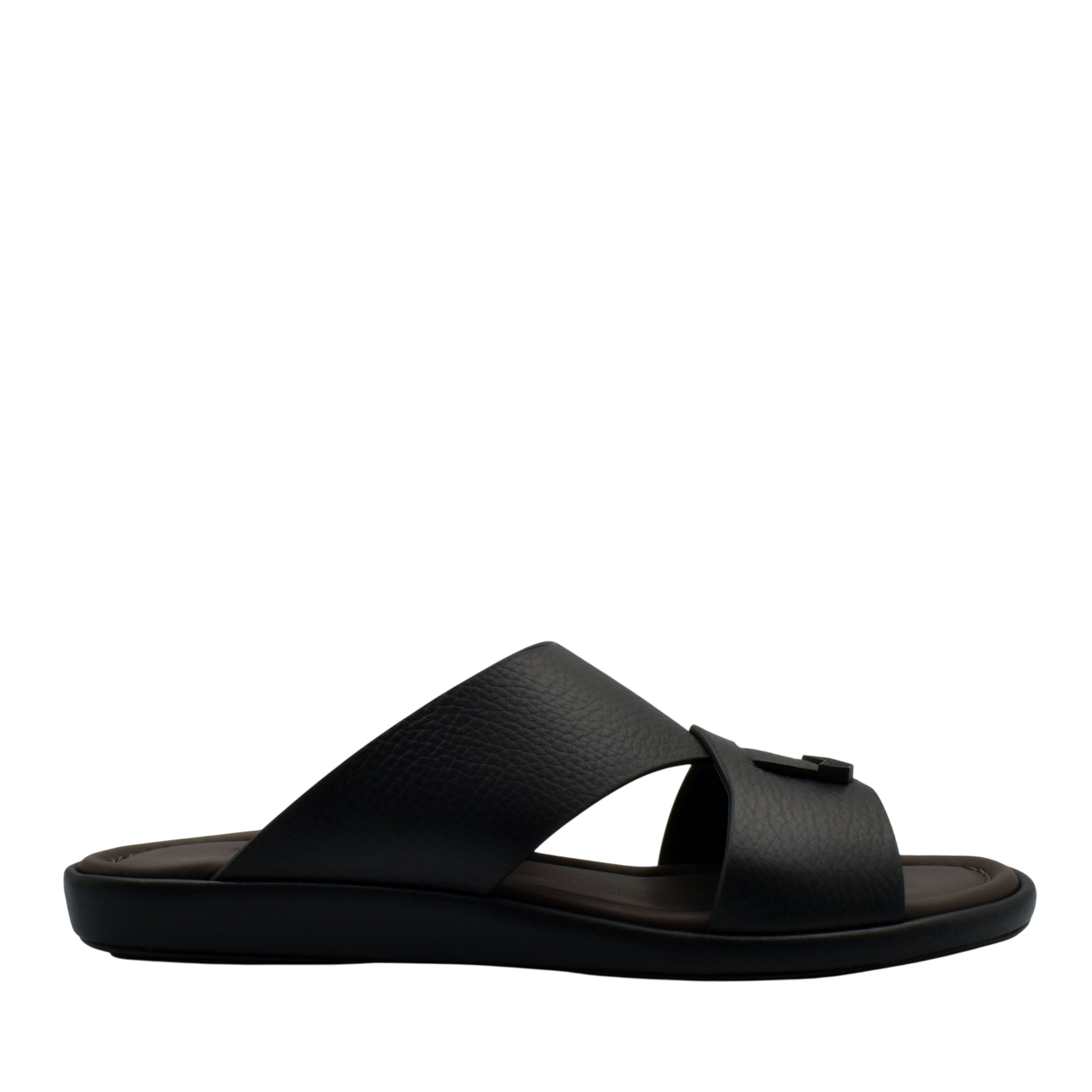Black comfortable stylish slides with wide leather straps and cushioned footbed for everyday wear