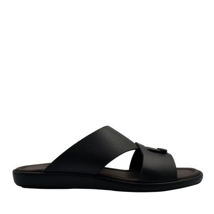 Black comfortable stylish slides with wide leather straps and cushioned footbed for everyday wear