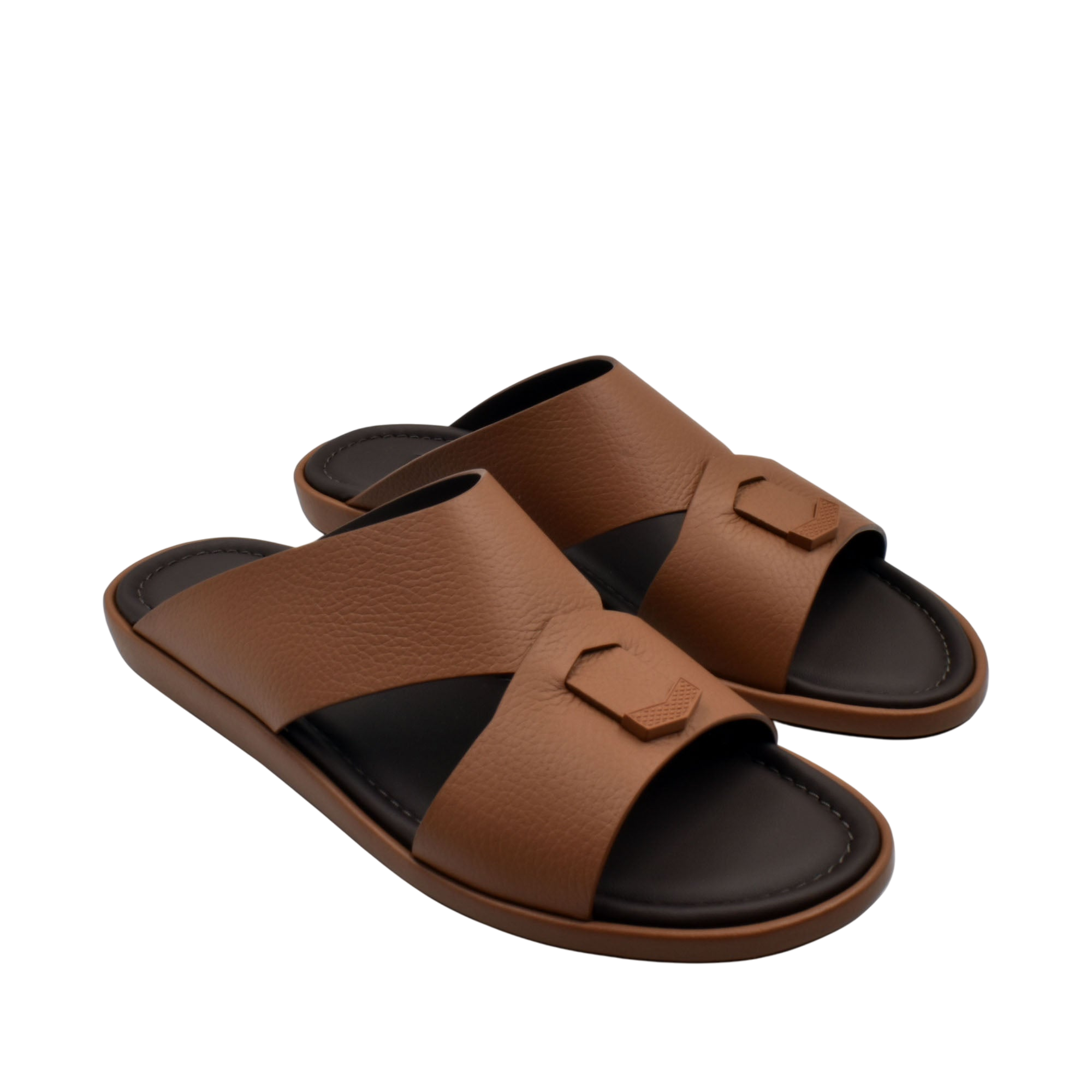 Brown leather comfortable stylish slides with black cushioned footbed from Private Collection