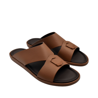 Brown leather comfortable stylish slides with black cushioned footbed from Private Collection