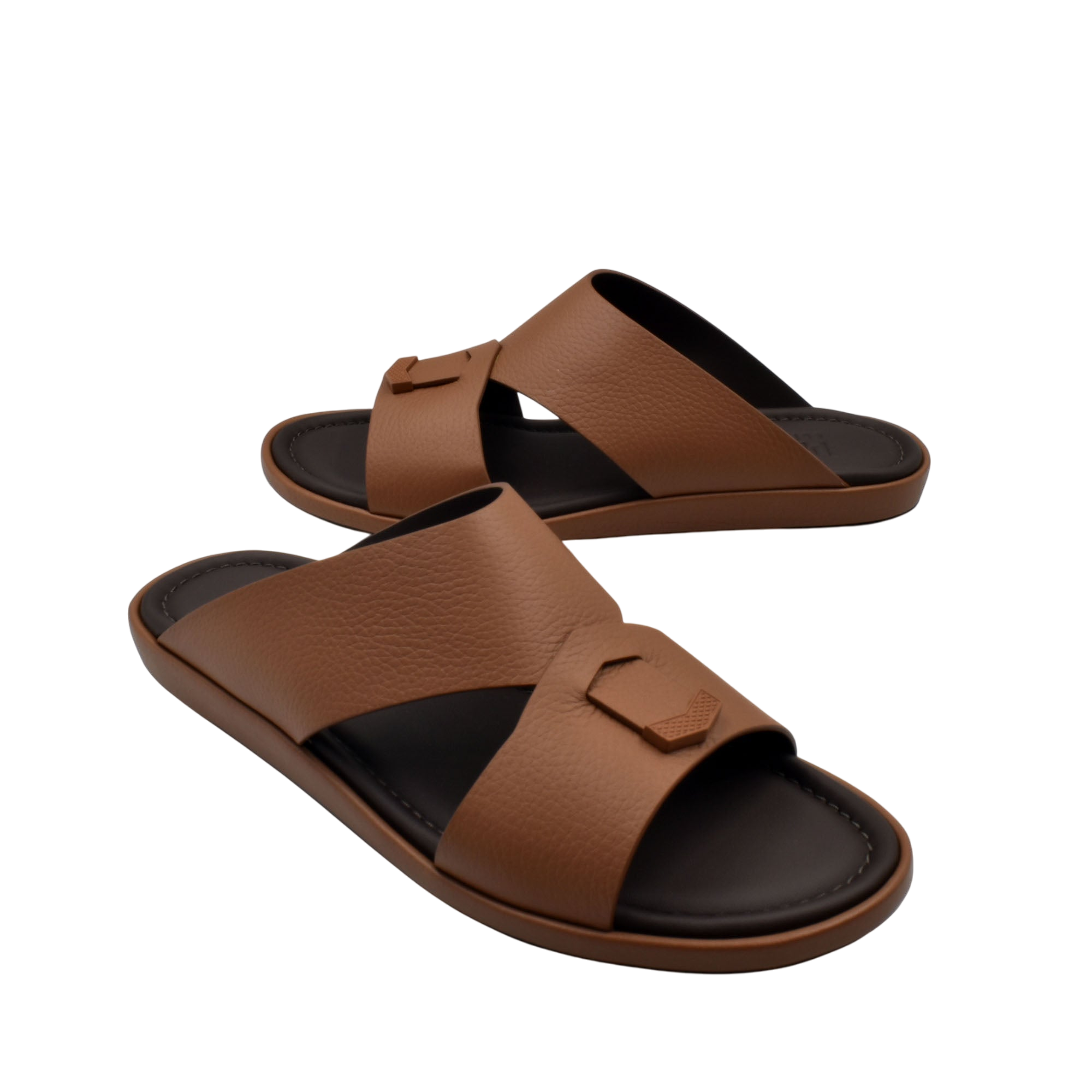 Brown leather comfortable stylish slides with black footbed and buckle detail for casual wear
