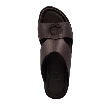 Brown leather comfortable stylish slides with crisscross straps from Private Collection