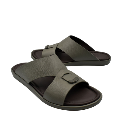 Comfortable stylish slides with wide gray straps and cushioned brown footbed for casual wear
