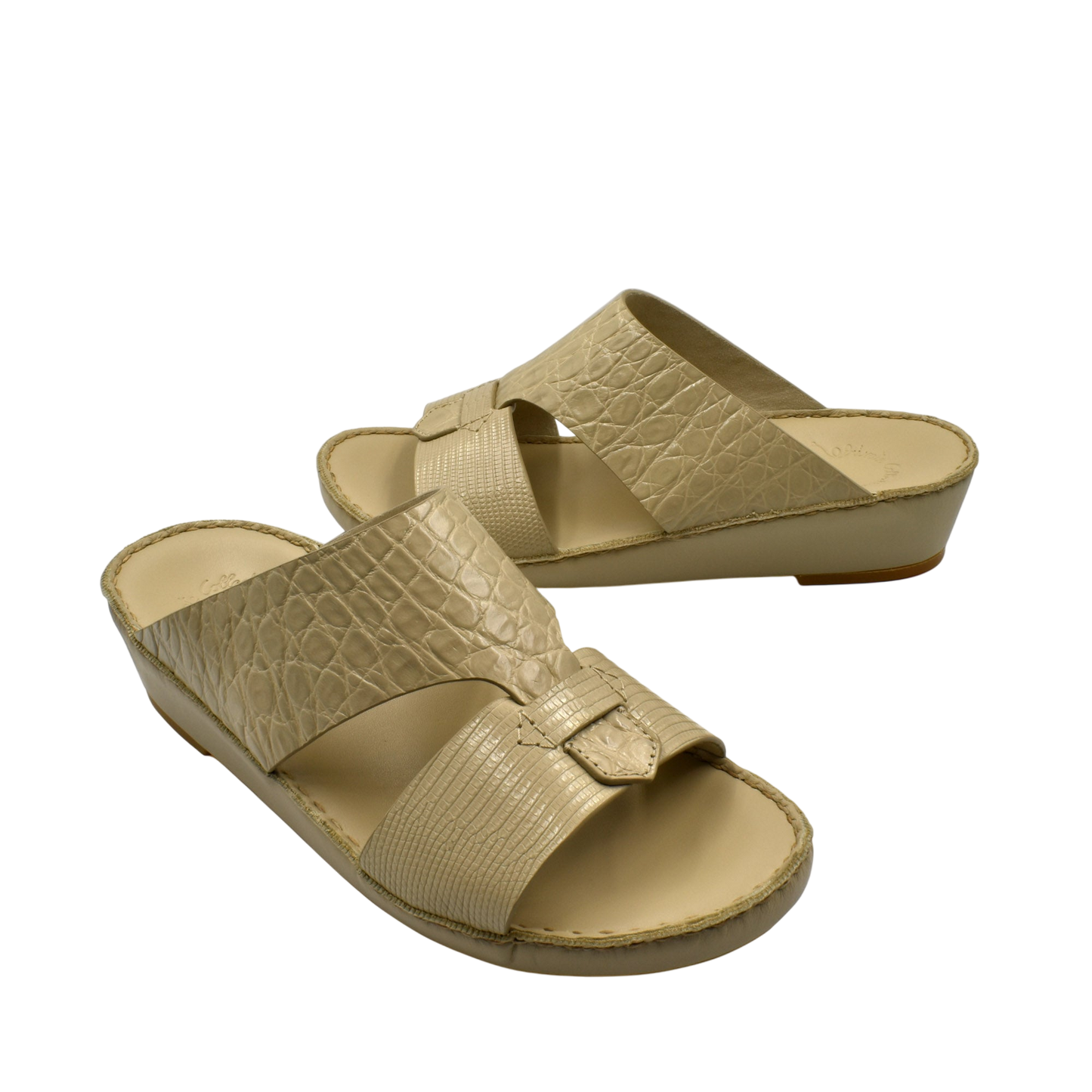 Beige Crocodile Lizard Leather Sandals with wide straps and cushioned sole for comfortable wear