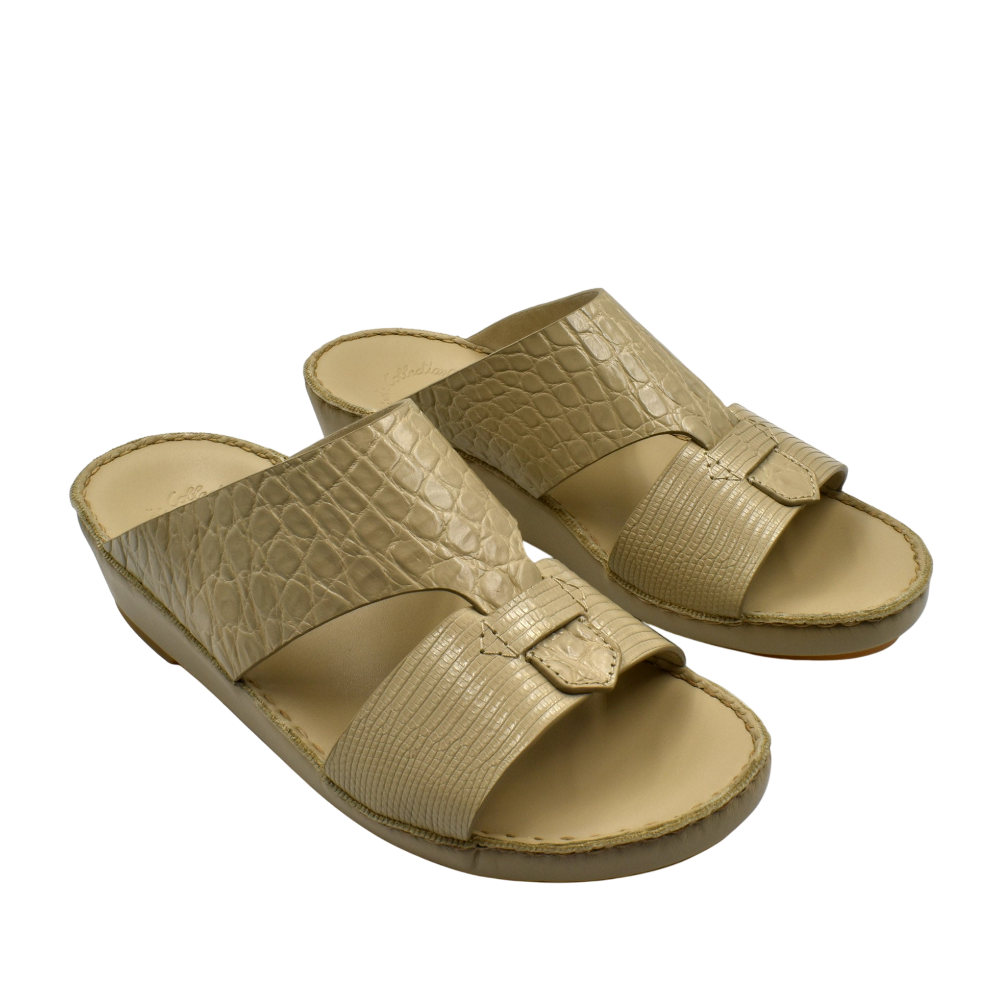 Private Collection Crocodile Lizard Leather Sandals in beige with open toe and slip-on design