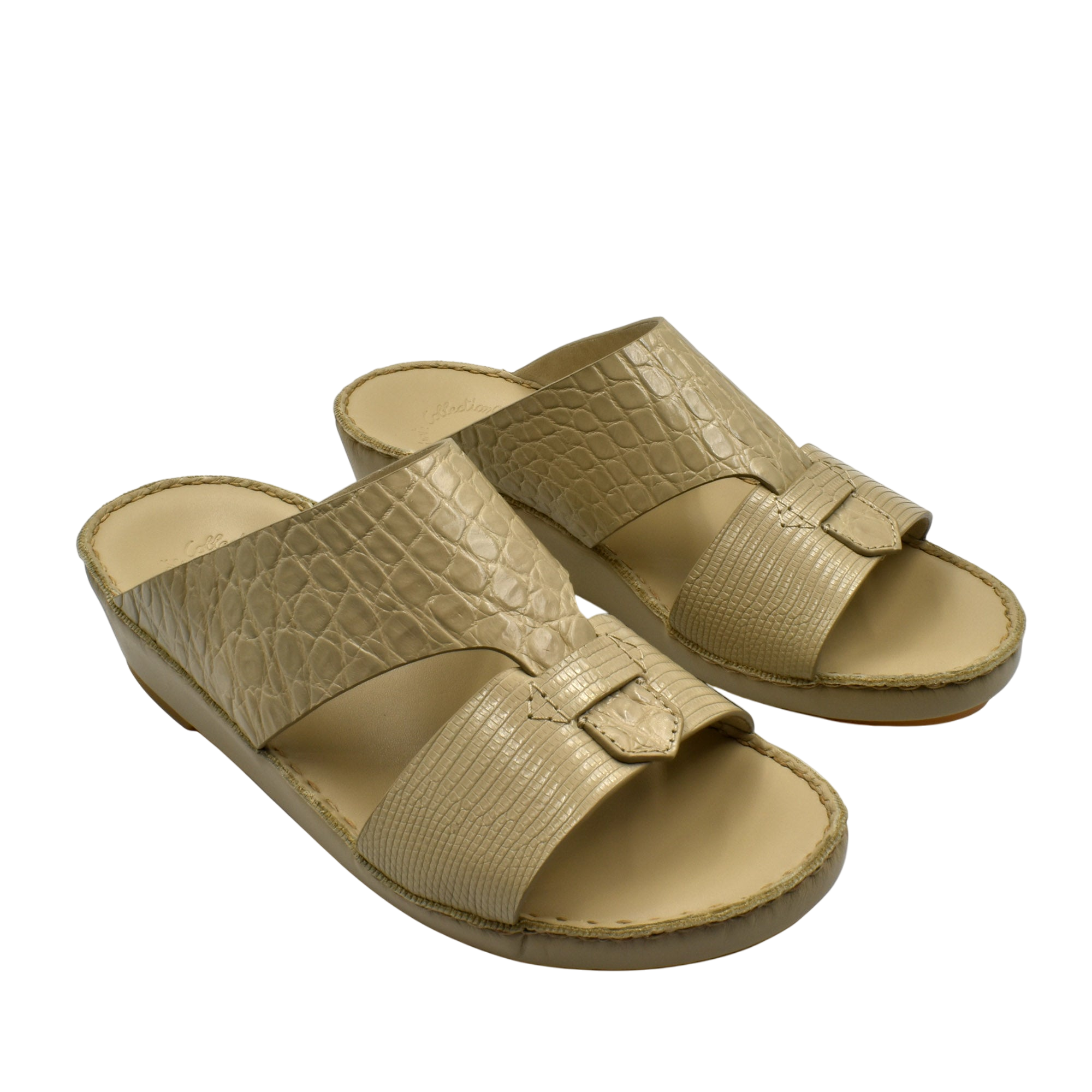 Private Collection Crocodile Lizard Leather Sandals in beige with open toe and slip-on design