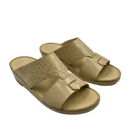 Private Collection Crocodile Lizard Leather Sandals in beige with open toe and slip-on design