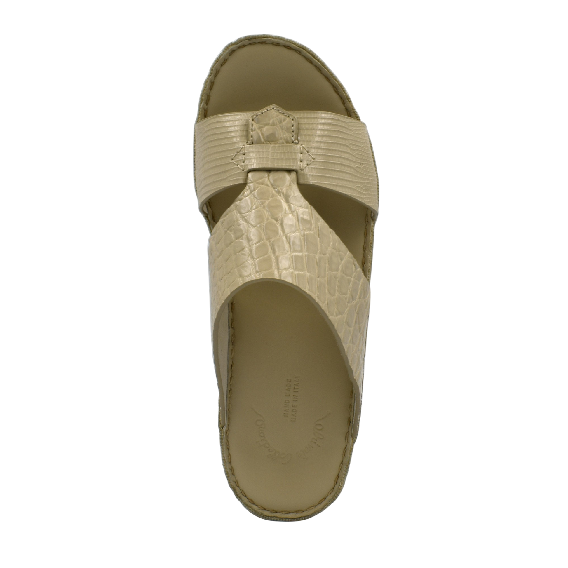 Beige Crocodile Lizard Leather Sandals with textured straps and cushioned sole by Private Collection