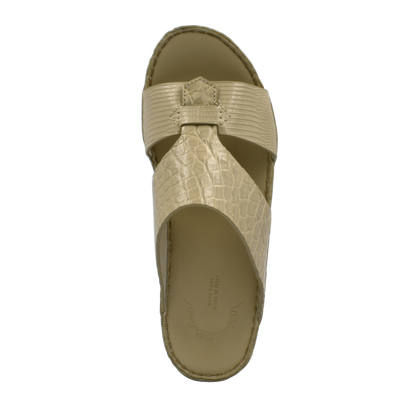 Beige Crocodile Lizard Leather Sandals with textured straps and cushioned sole by Private Collection