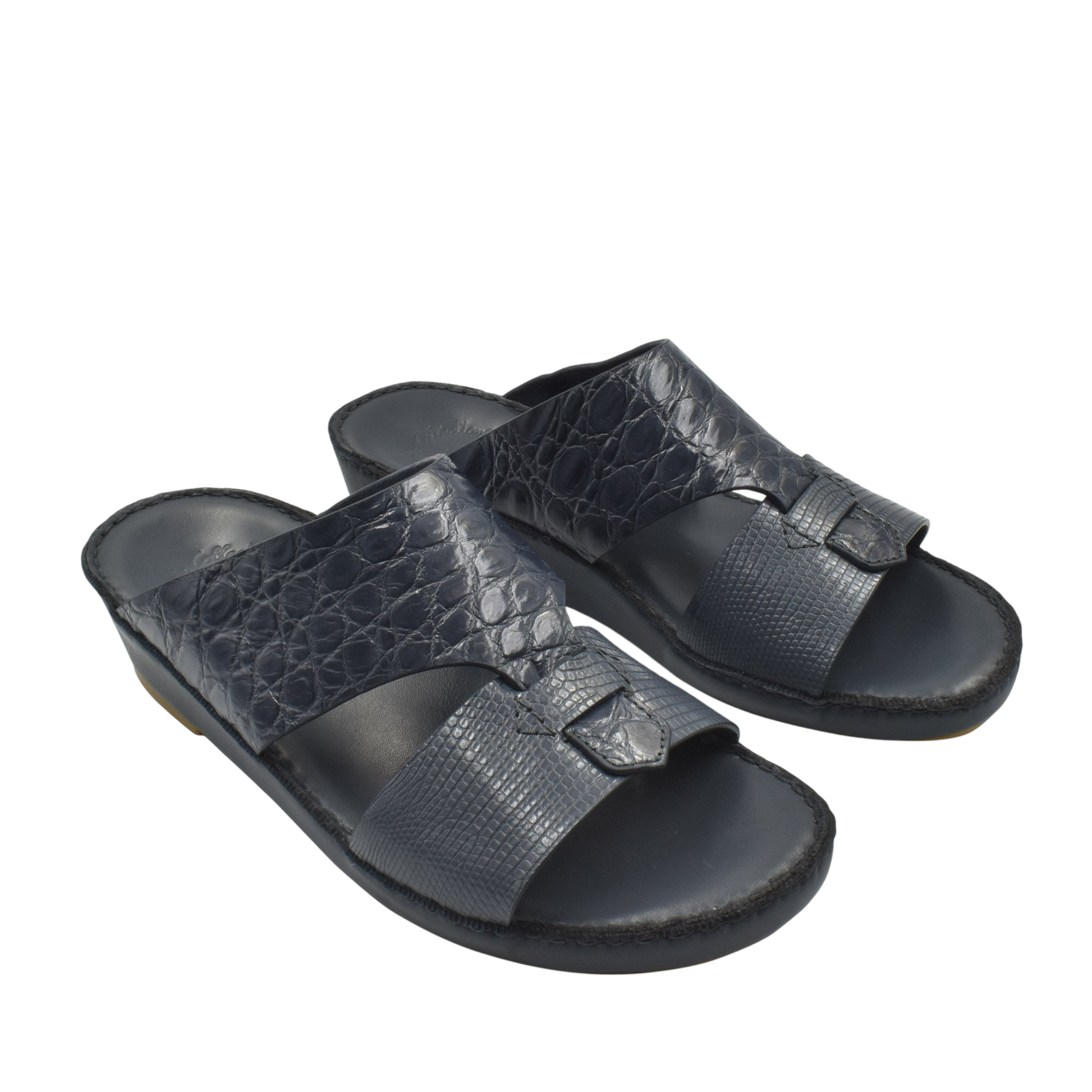 Private Collection black Crocodile Lizard Leather Sandals with textured straps and open toe design