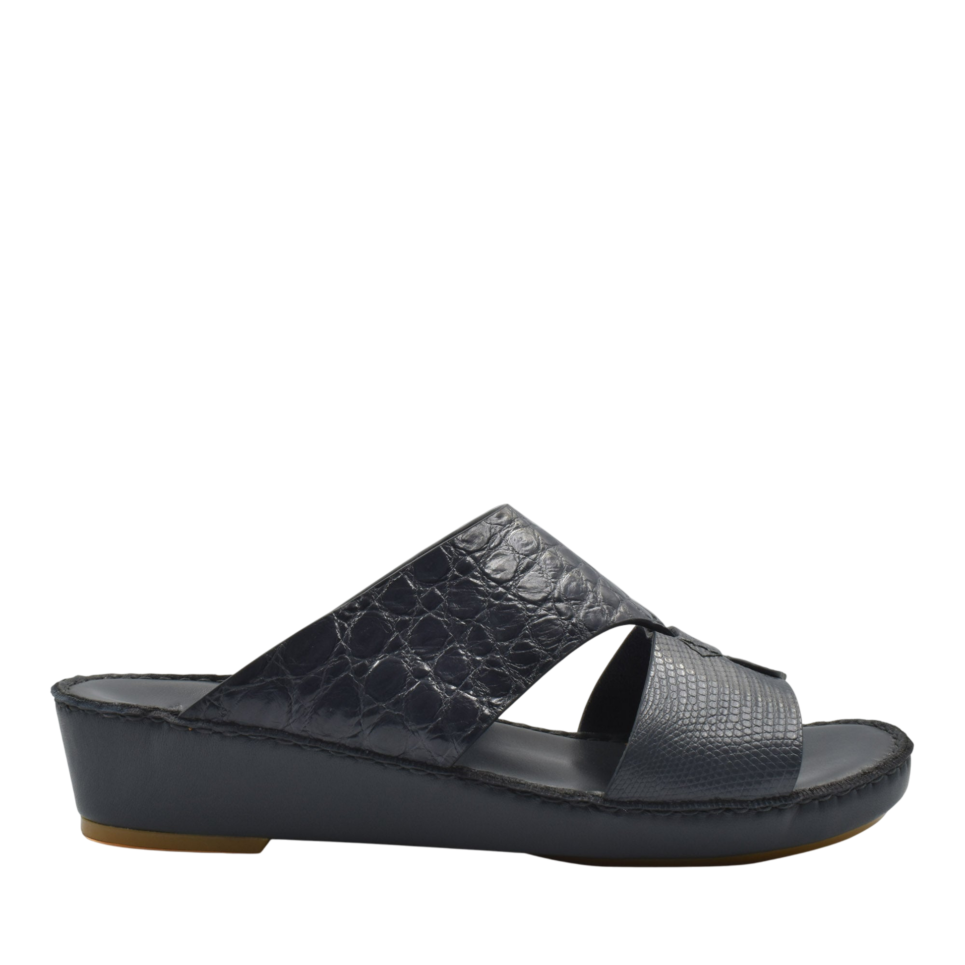 Black Crocodile Lizard Leather Sandals with wedge sole and open toe design