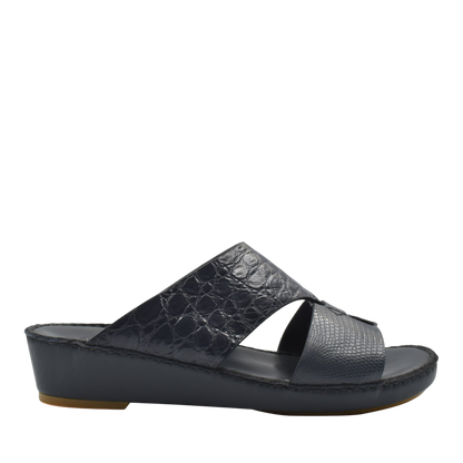 Black Crocodile Lizard Leather Sandals with wedge sole and open toe design