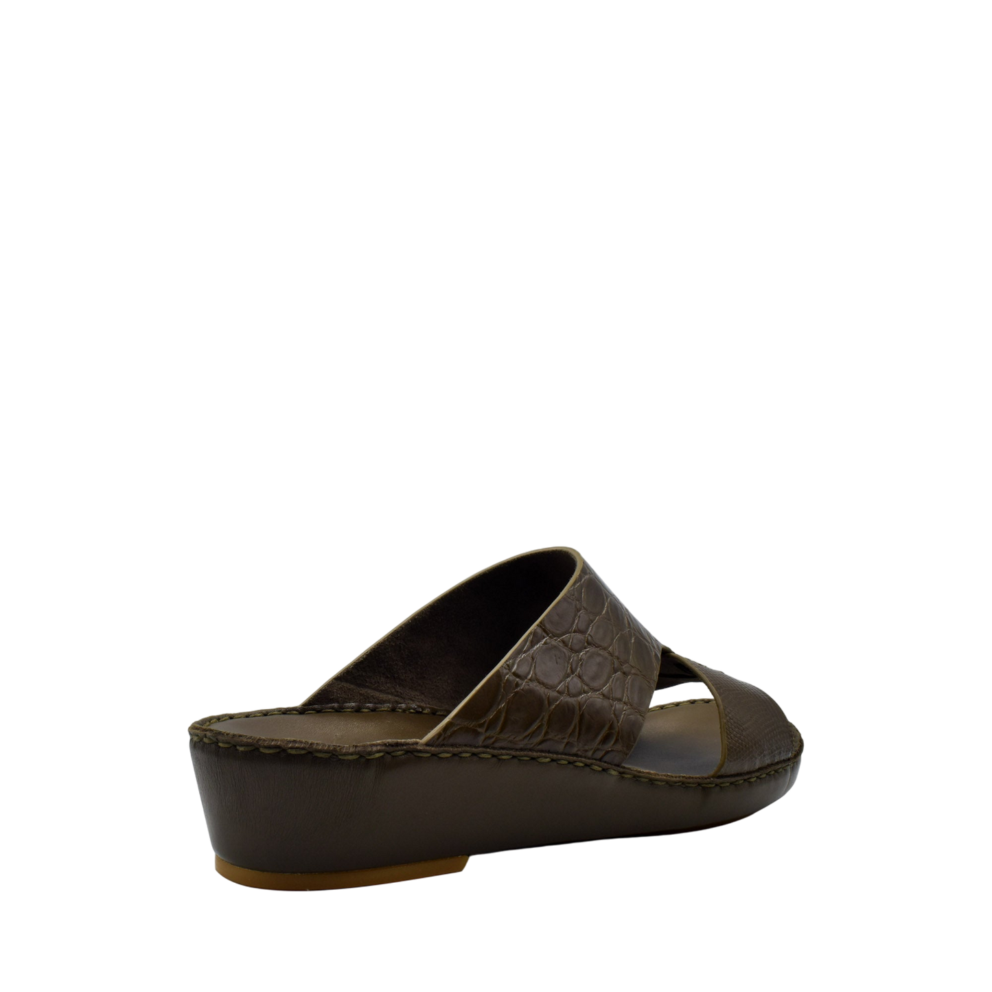 Private Collection Crocodile Lizard Leather Sandals in brown with crisscross straps and wedge sole