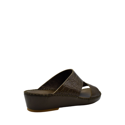 Private Collection Crocodile Lizard Leather Sandals in brown with crisscross straps and wedge sole