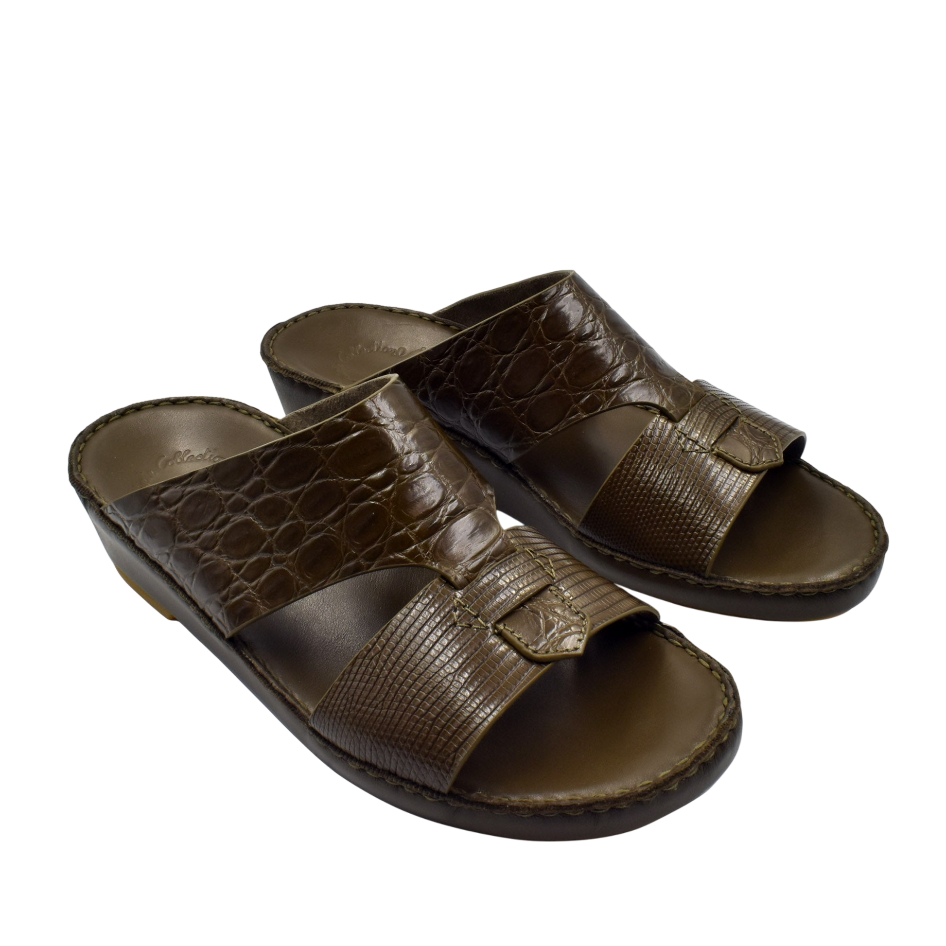 Private Collection Crocodile Lizard Leather Sandals in brown with textured straps and open toe design