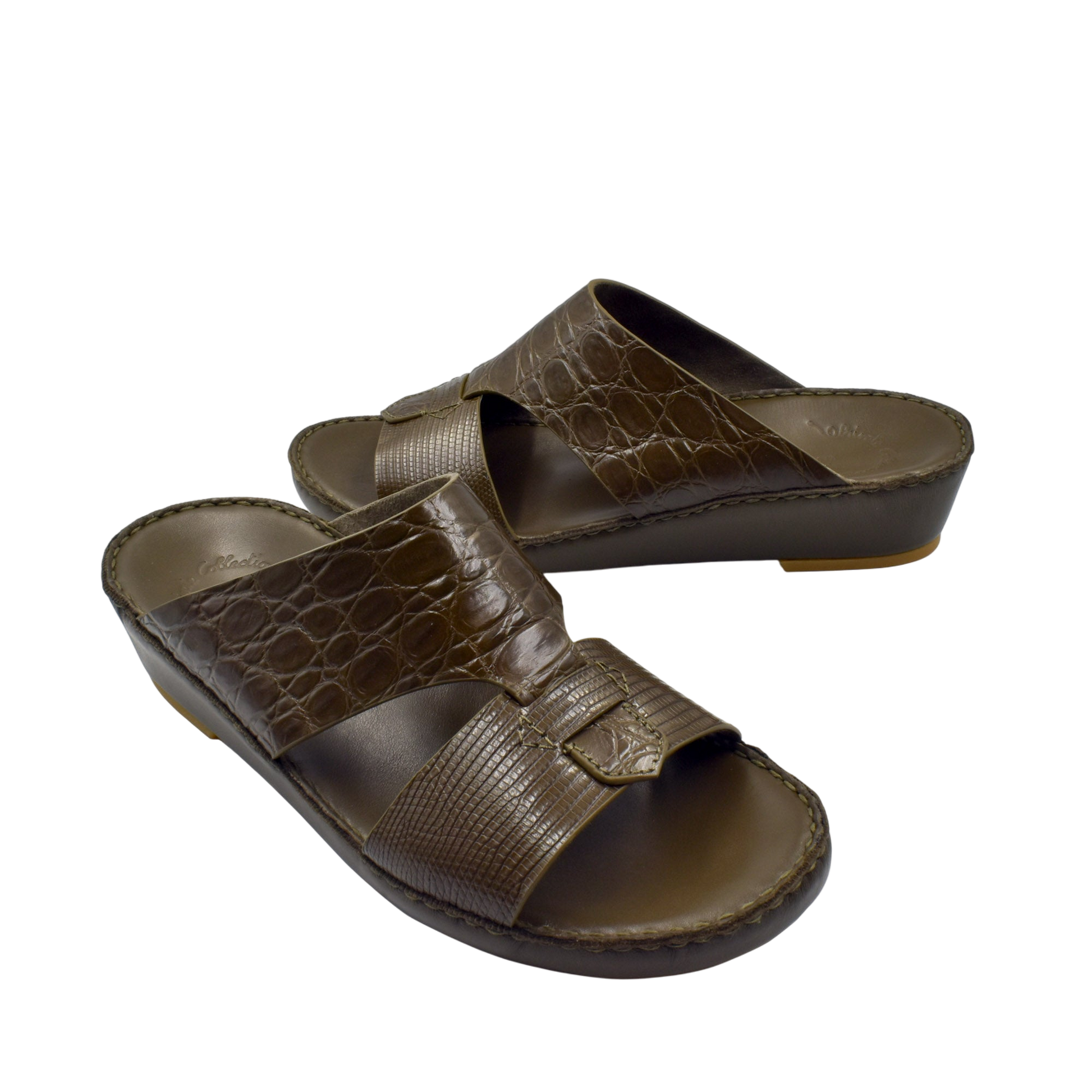 Private Collection Crocodile Lizard Leather Sandals in brown with two strap design and buckle detail