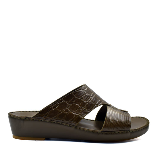 Private Collection Crocodile Lizard Leather Sandals in brown with textured straps and cushioned sole