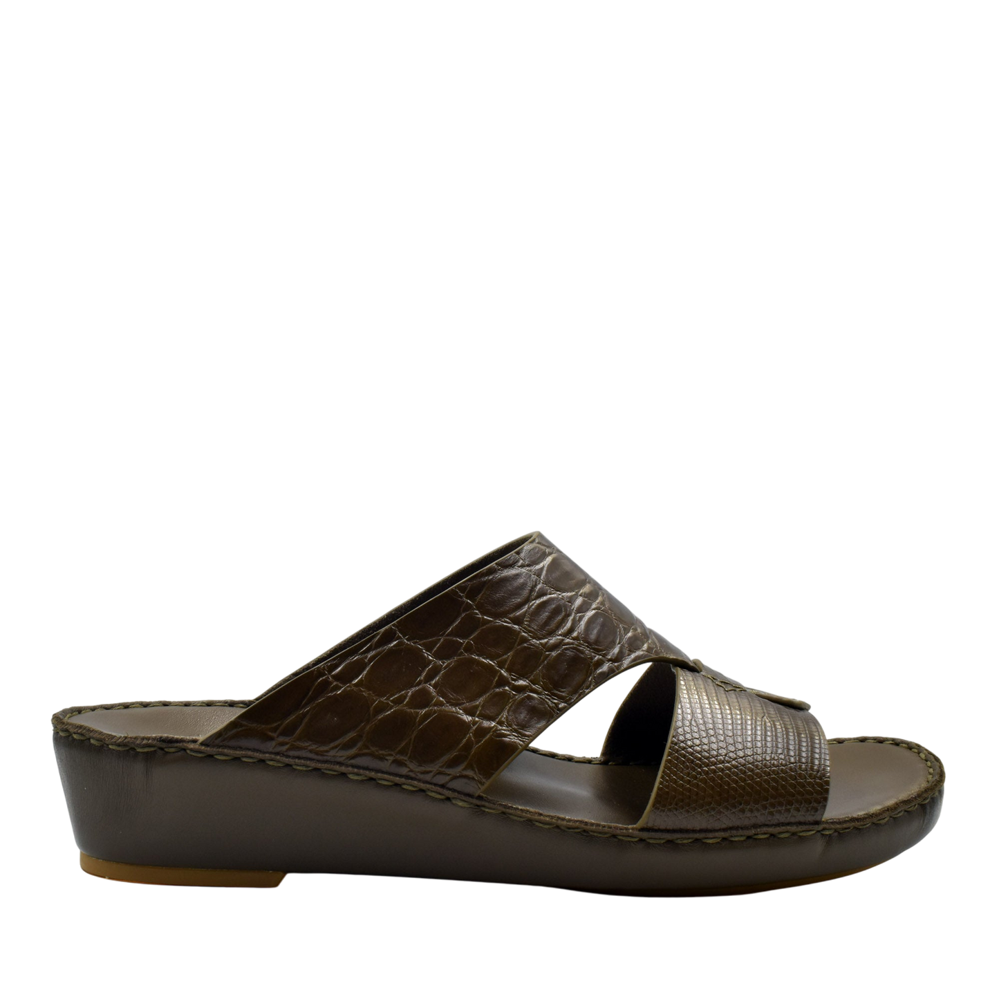 Private Collection Crocodile Lizard Leather Sandals in brown with textured straps and cushioned sole
