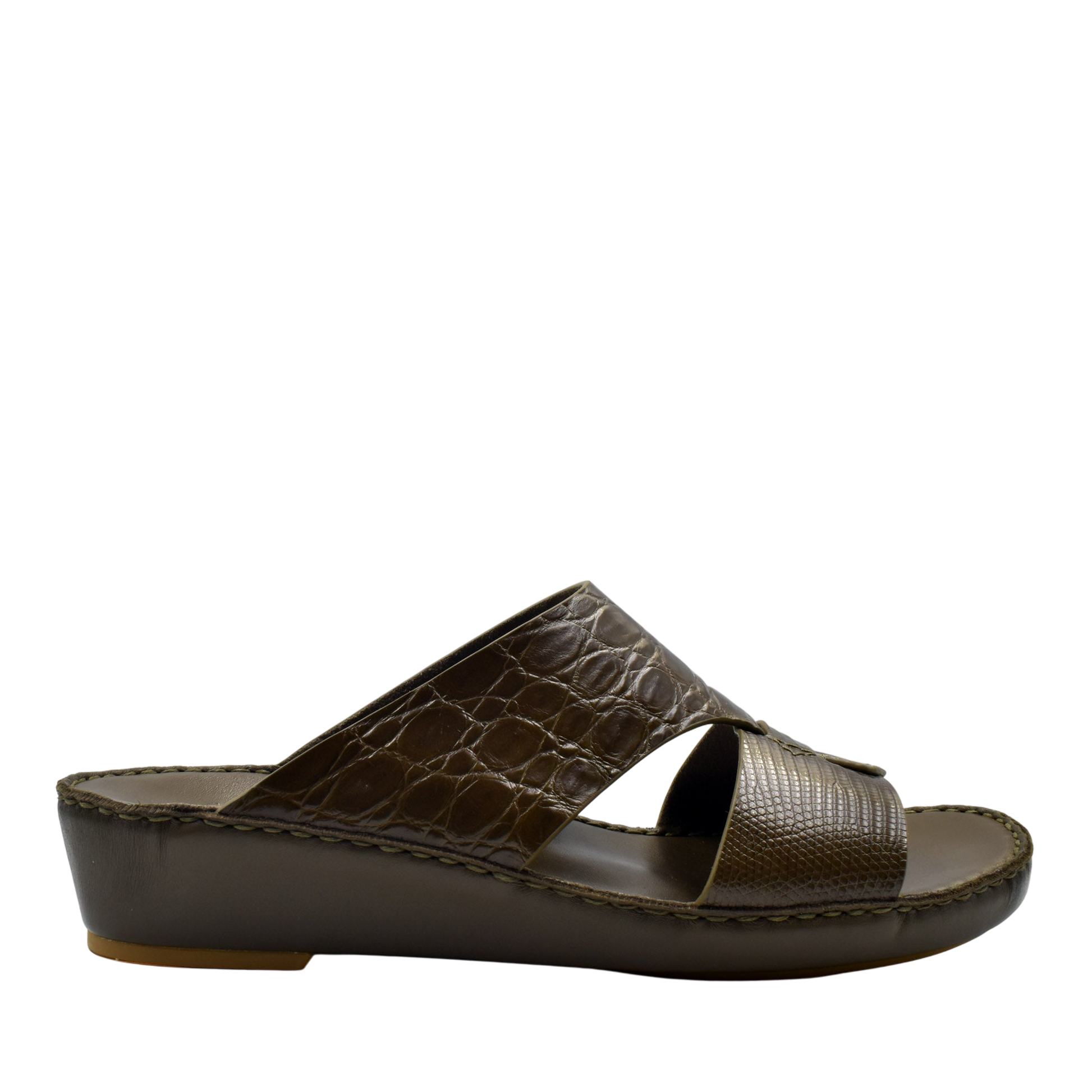 Private Collection Crocodile Lizard Leather Sandals in brown with textured straps and cushioned sole