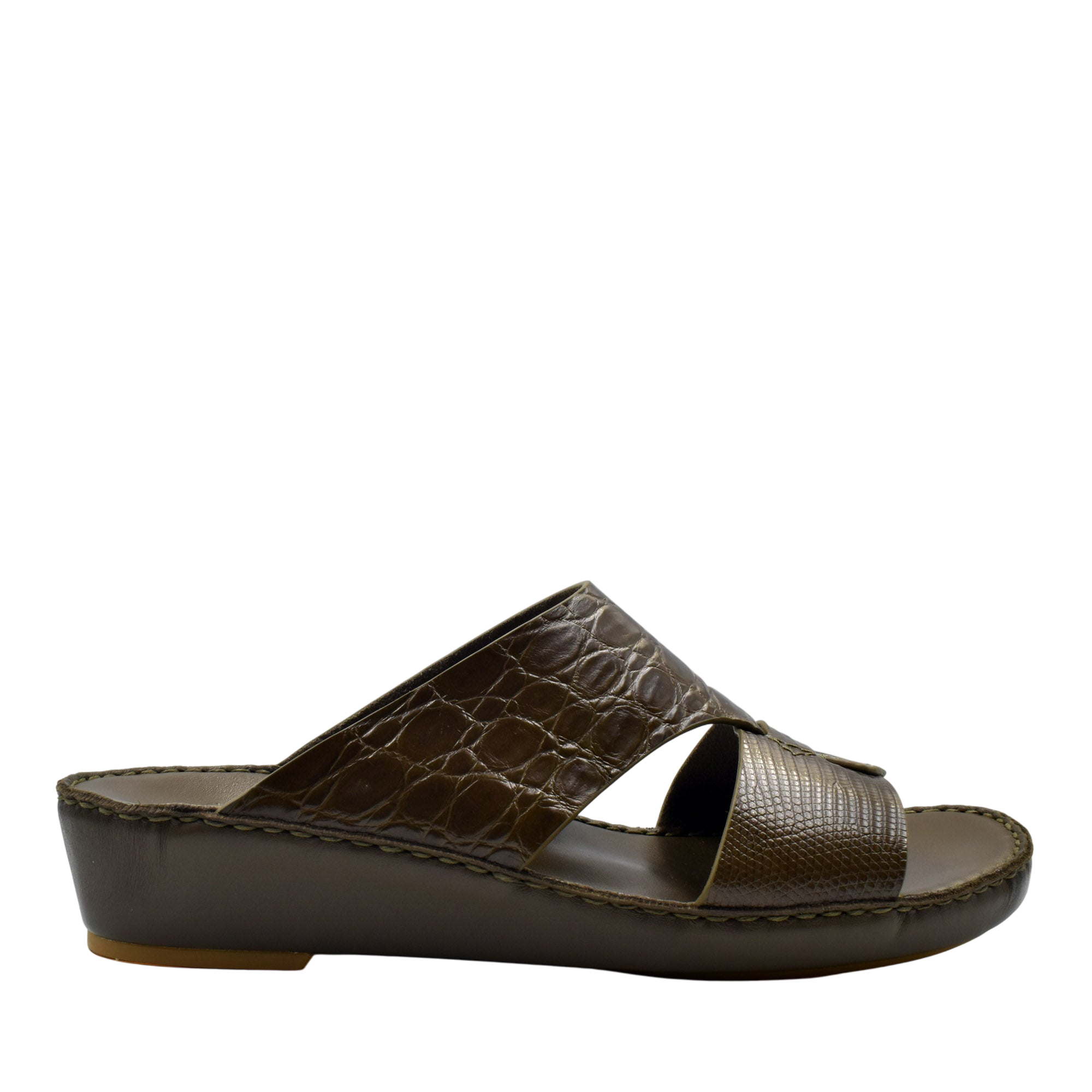 Private Collection Crocodile Lizard Leather Sandals in brown with textured straps and cushioned sole