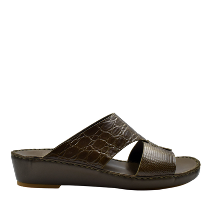 Private Collection Crocodile Lizard Leather Sandals in brown with textured straps and cushioned sole
