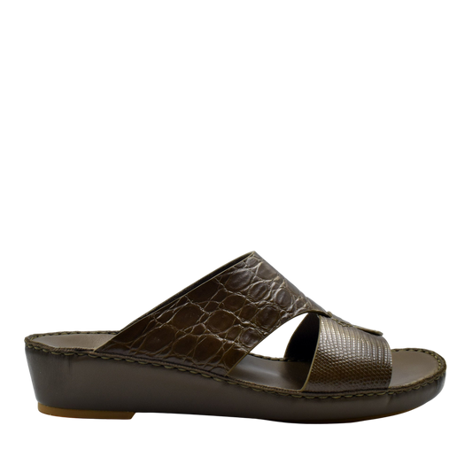 Private Collection Crocodile Lizard Leather Sandals in brown with textured straps and cushioned sole