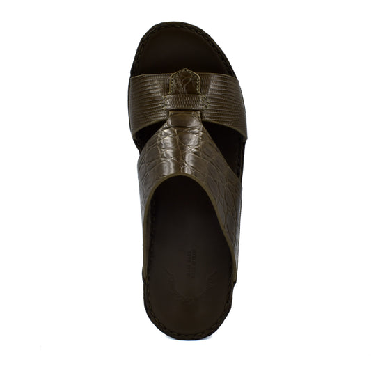 Top view of brown Crocodile Lizard Leather Sandals with textured straps and cushioned sole