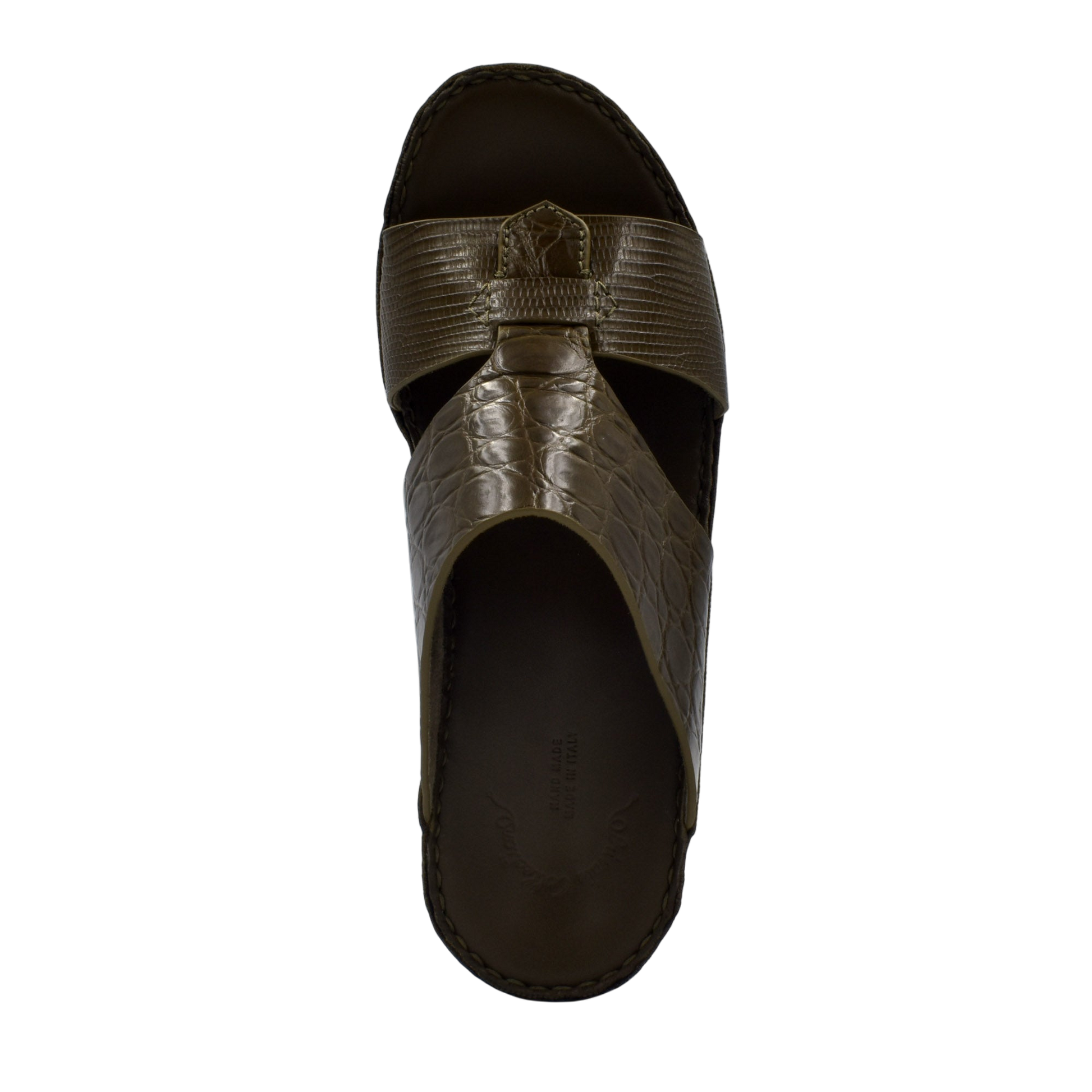 Top view of brown Crocodile Lizard Leather Sandals with textured straps and cushioned sole