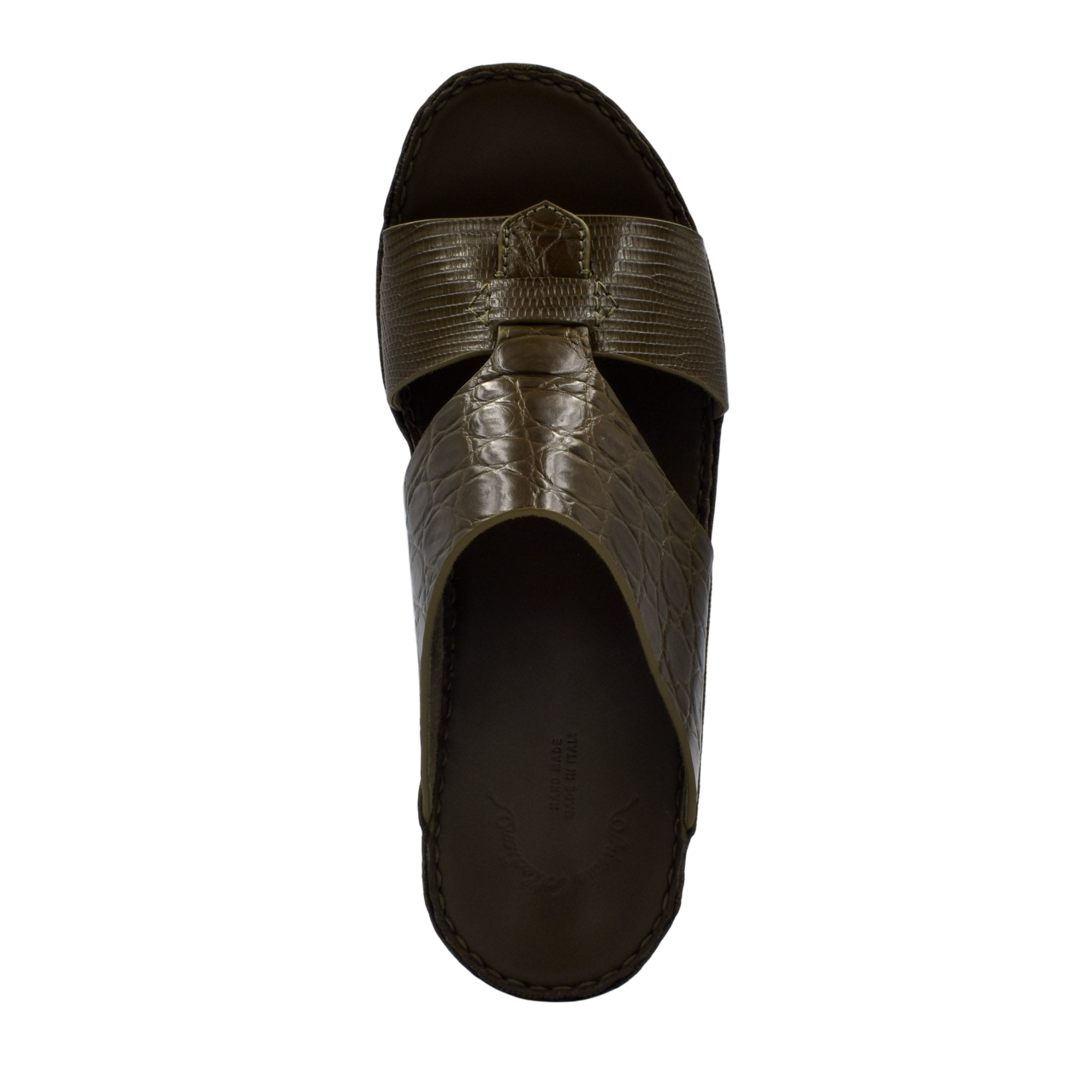 Top view of brown Crocodile Lizard Leather Sandals with textured straps and cushioned sole
