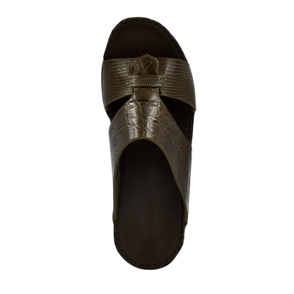 Top view of brown Crocodile Lizard Leather Sandals with textured straps and cushioned sole