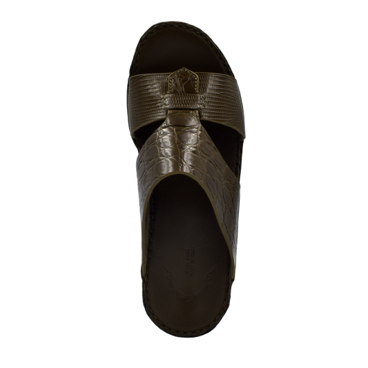 Top view of brown Crocodile Lizard Leather Sandals with textured straps and cushioned sole