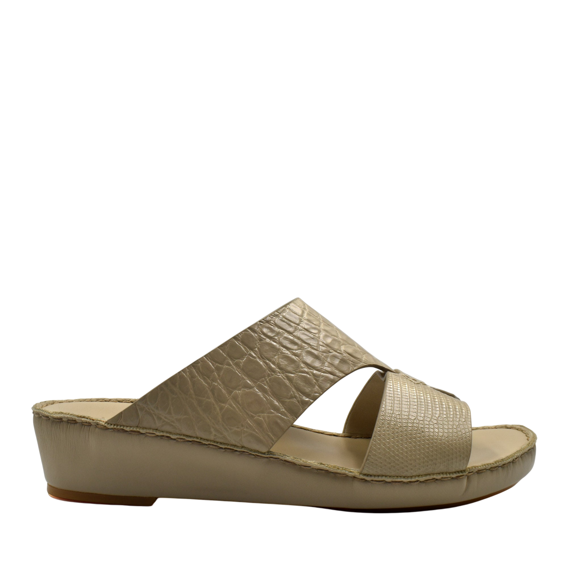Beige Crocodile Lizard Leather Sandals with wedge sole and textured leather straps