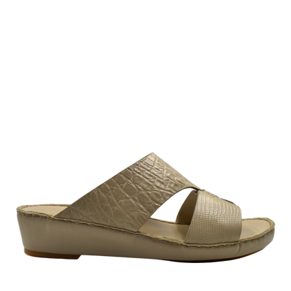 Beige Crocodile Lizard Leather Sandals with wedge sole and textured leather straps